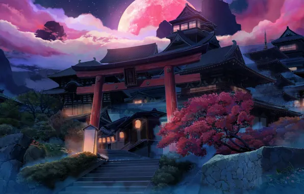 Night, the moon, fantasy, temple, torii