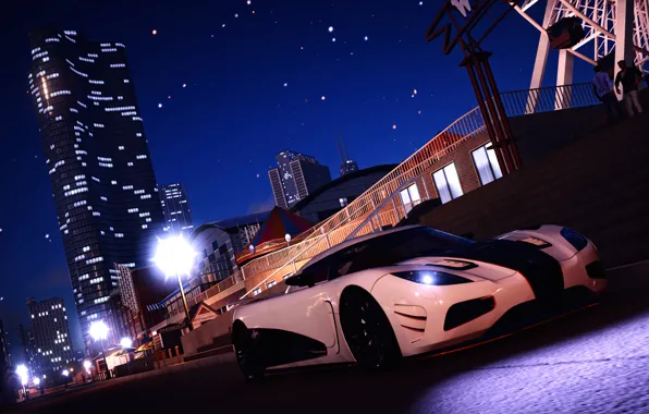 Road, white, night, the city, people, wheel, Koenigsegg, lantern