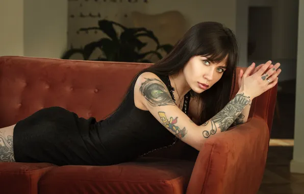 Picture look, girl, pose, sofa, dress, brunette, tattoo, Maxim Yemelyanov