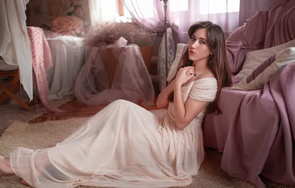 Picture look, girl, pose, sofa, hands, dress, long hair, on the floor