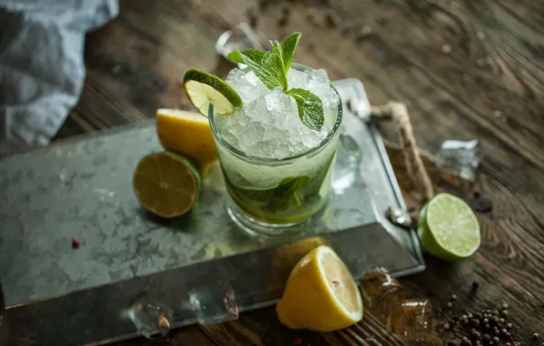 Glass, lemon, ice, lime, citrus, drink, mint, Mojito