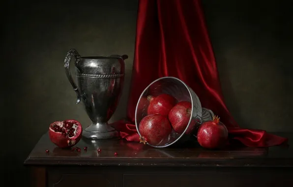 Metal, table, fabric, vase, pitcher, fruit, still life, grenades