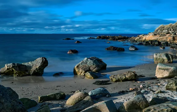 Sand, sea, beach, the sky, clouds, stones, rocks, shore