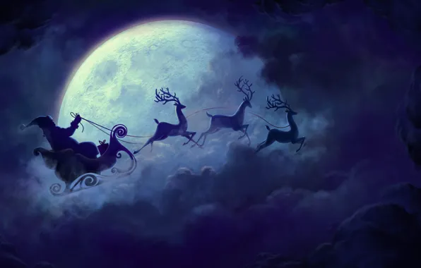 Stars, clouds, night, the moon, Christmas, New year, sleigh, deer
