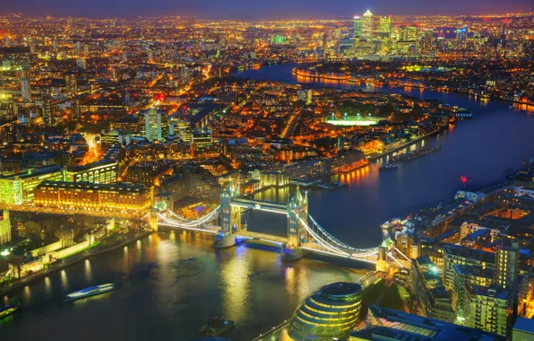 Night, bridge, lights, river, London, panorama, UK, Thames
