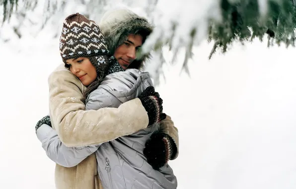 Winter, snow, tenderness, hugs, pair, lovers, a nice smile