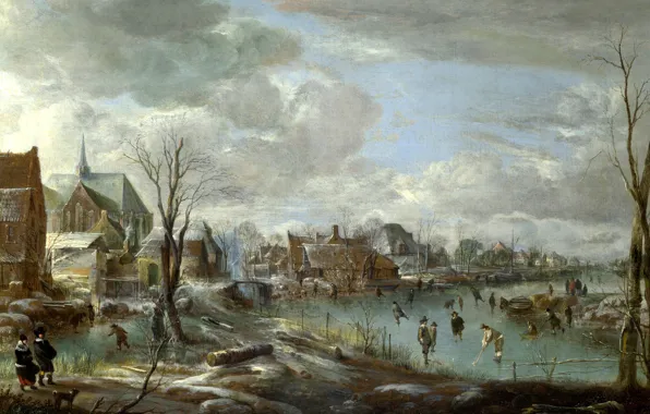 Picture landscape, home, picture, Frozen River near a Village, Art van der NEER, Aert van der …