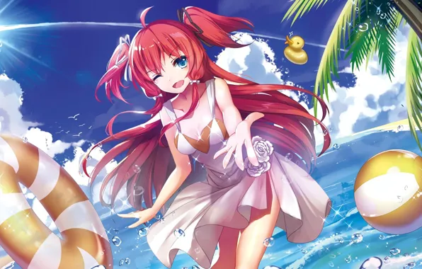 Picture sea, beach, water, the sun, circles, palm trees, anime, art