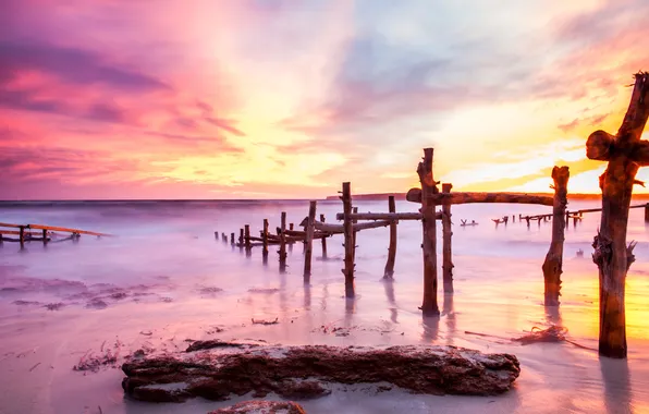 Sea, beach, dawn, Spain, piles, Balearic Islands, Formentera