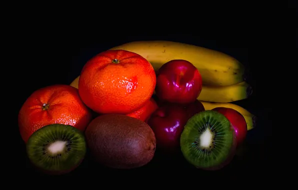 Background, paint, kiwi, fruit, banana, Mandarin