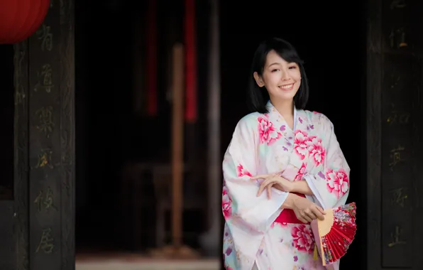 Girl, smile, fan, kimono, Asian, bokeh