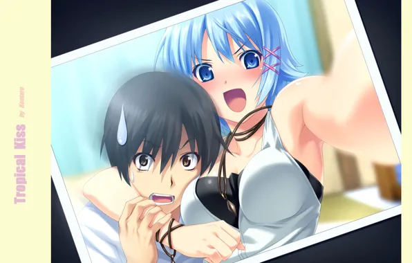 Frame, blue hair, hug, tropical kiss, selfie, visual novel, the guy with the girl, by …