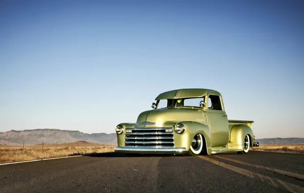 Picture Chevrolet, wheels, road, sky, front, hill, horizon, 1949