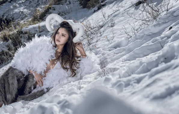 Picture winter, girl, snow, style, feathers, horns, fur