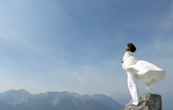 Picture the sky, girl, mountains, rocks, the wind, top, in white