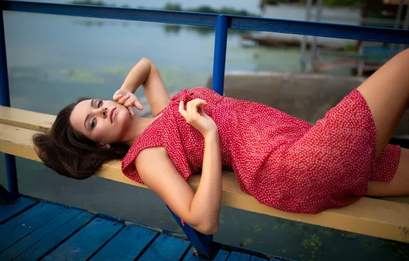 Picture look, girl, pose, hands, red dress, the bridge, Dmitry Shulgin