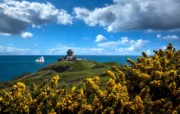 Sea, clouds, castle, France, sailboat, fortress, the bushes, France