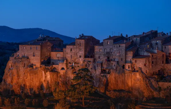Night, old, the city, rocks, home, Italy, architecture, Tuscany