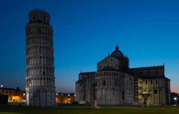 The sky, night, lights, tower, Italy, Cathedral, temple, Pisa