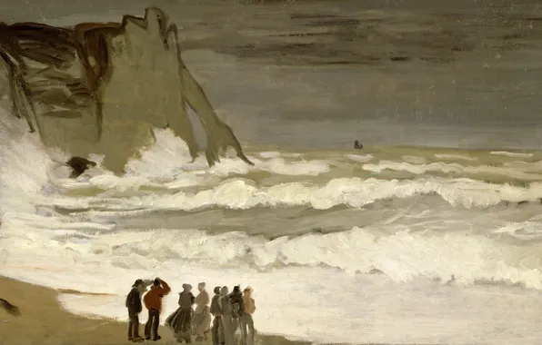 Storm, people, shore, picture, seascape, Claude Monet, Stormy Sea in étretat