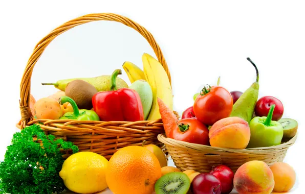 Lemon, orange, kiwi, bananas, white background, pepper, fruit, vegetables