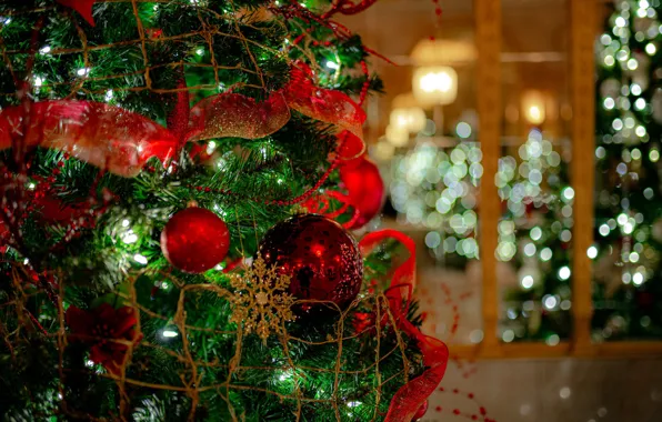 Picture decoration, balls, tree, new year, garland, bokeh