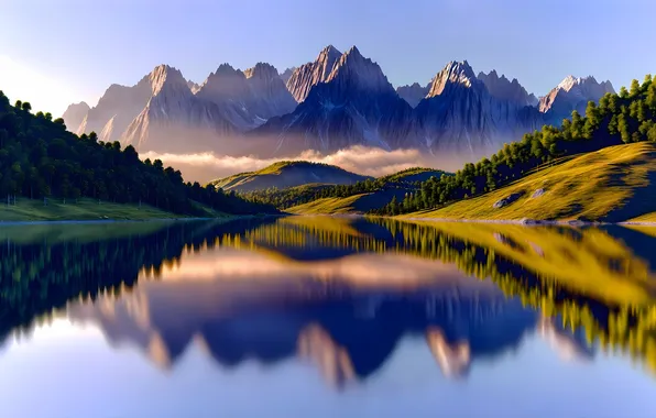 Reflection, Mountains, Trees, River, Landscape, Digital art, AI art, The Art of Artificial Intelligence