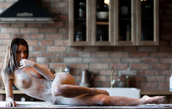 Chest, girl, pose, on the table, flour, in flour, Vladimir Nikolaev, Christina Makarova