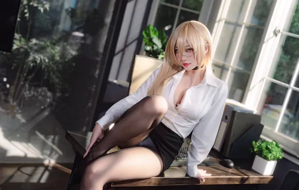 Cleavage, Asian, women, cosplay, glasses, pantyhose
