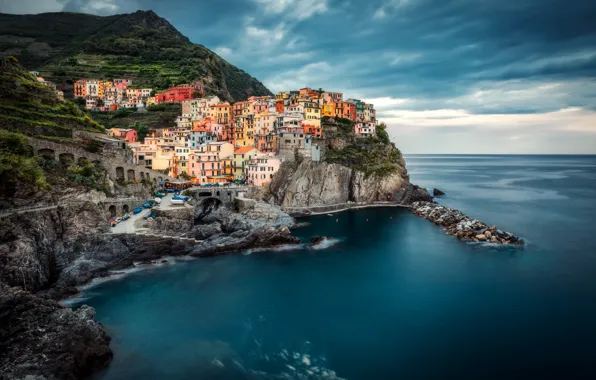 Picture sea, landscape, rocks, mountain, home, Italy, the village, Manarola