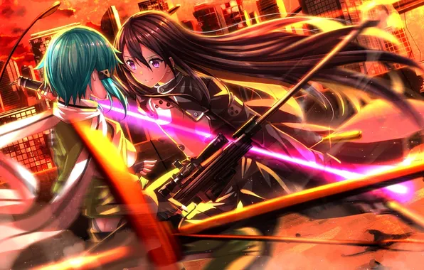 Picture the city, weapons, girls, home, sword, anime, art, sword art online