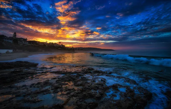Sea, wave, the sky, clouds, sunset, home