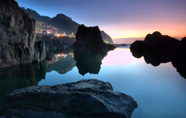 Picture the sky, water, sunset, stones, the ocean, Portugal, town, Porto Moniz