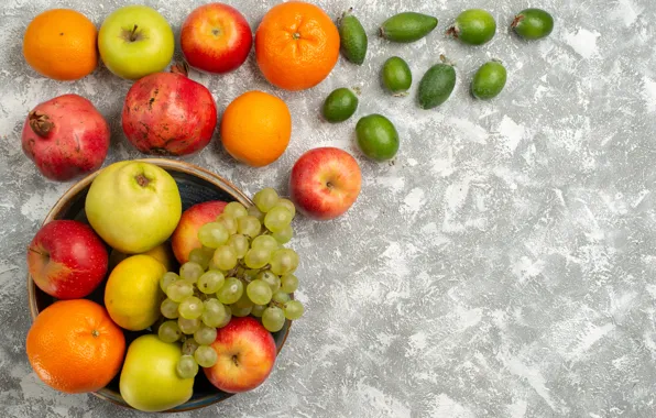 Apples, oranges, grapes, fruit, light background, citrus, different, grenades