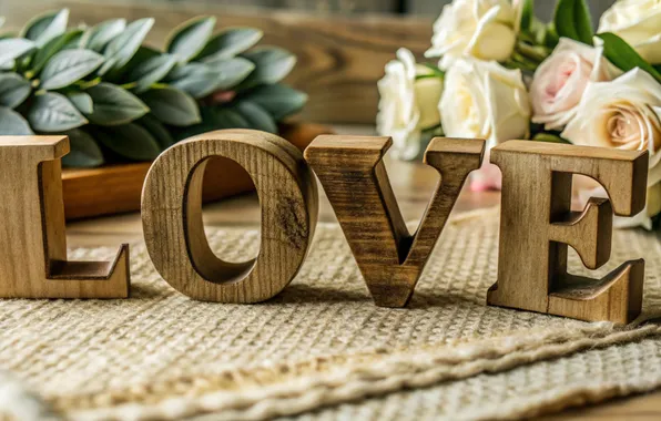 Leaves, love, flowers, branches, letters, table, tree, holiday
