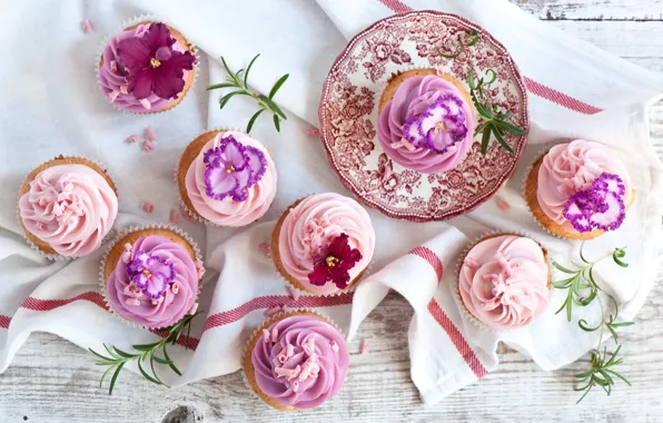 Picture flowers, towel, cupcakes