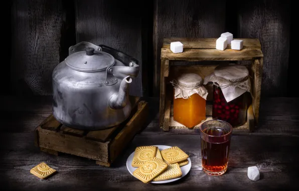 Glass, kettle, cookies, plate, the tea party, sugar, banks, still life