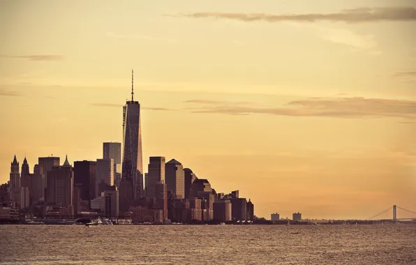 Sunset, New York, horizon, Manhattan, One World Trade Center