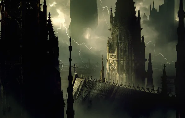 Lightning, art, castle, prague