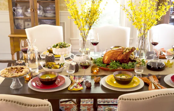 Flowers, table, holiday, wine, food, serving