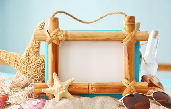 Sand, sea, glasses, shell, starfish, sea, frame, the difference
