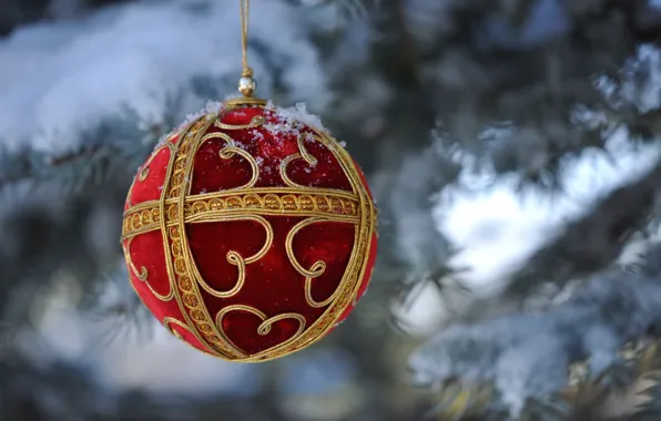 Macro, snow, toy, tree, ball, New Year, Christmas, decoration