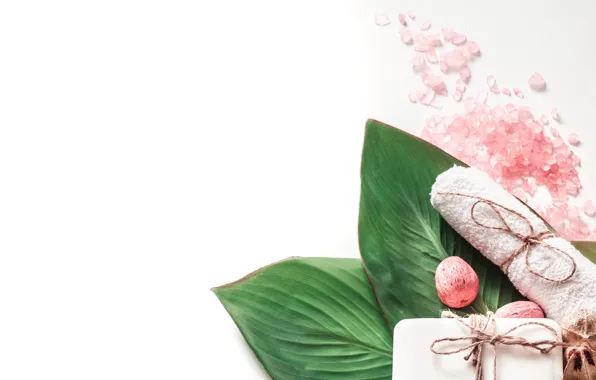 Leaves, relax, pink, white, towel, soap, white background, nuts