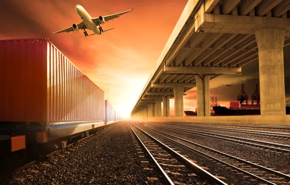 Picture the sky, the sun, the plane, photoshop, rails, ships, station, cars