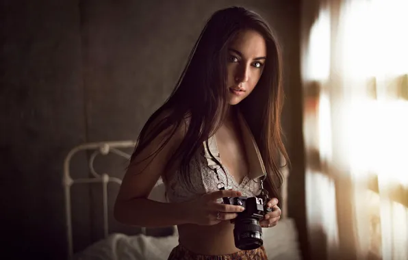Girl, Look, Model, Girl, The camera, Hair, Eyes, Bra