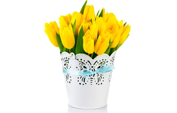 Picture bouquet, yellow, tulips, vase, bow, flowers, tulips