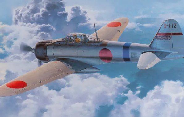 War, ww2, zero, japanese aircraft, a6m, painting art