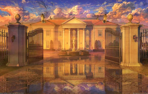 The sky, the building, puddles, statue, ArseniXC, open gates