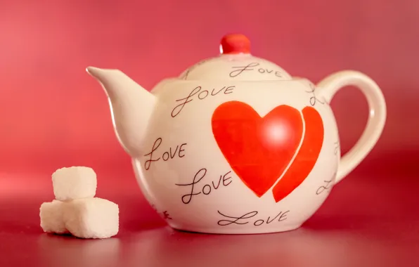 Love, tea, heart, kettle, hearts, sugar, red background