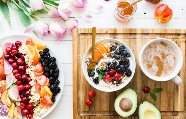 Berries, coffee, food, bouquet, Breakfast, honey, tulips, fruit